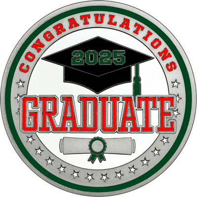 Red "Congratulations Graduate" with Dark Green 2025, Rim, Tassel & Ribbon